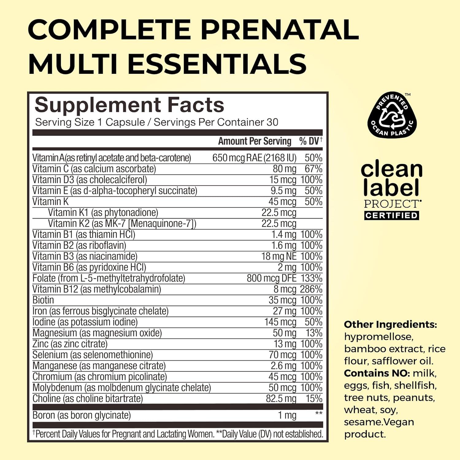 imageHUM Complete Prenatal Multivitamin for Women with Folate DHA and Choline 23 Nutrients for Daily Support Gluten Free Non GMO Supplement for Pre During and Post Pregnancy 30 Vegan Capsules