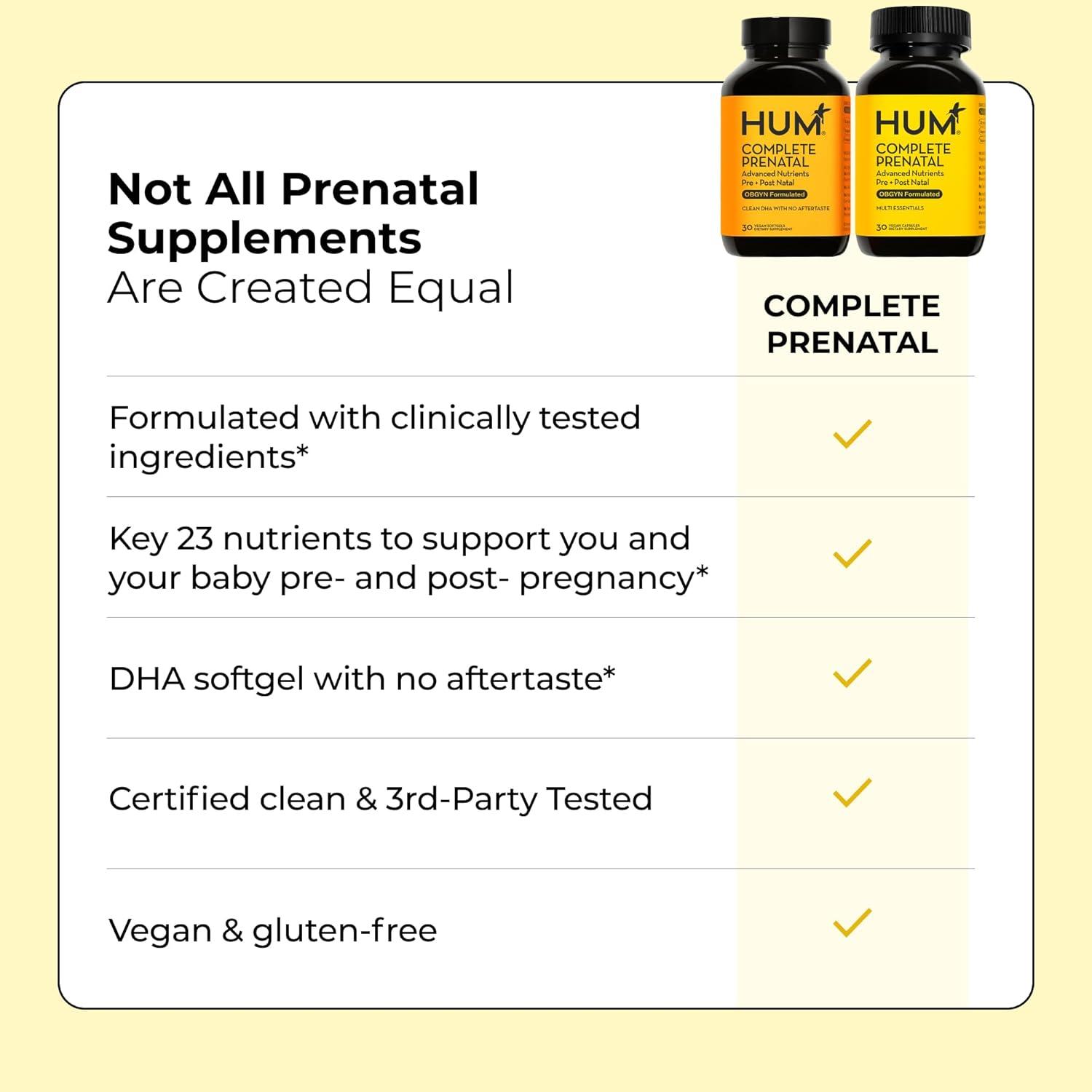 imageHUM Complete Prenatal Multivitamin for Women with Folate DHA and Choline 23 Nutrients for Daily Support Gluten Free Non GMO Supplement for Pre During and Post Pregnancy 30 Vegan Capsules