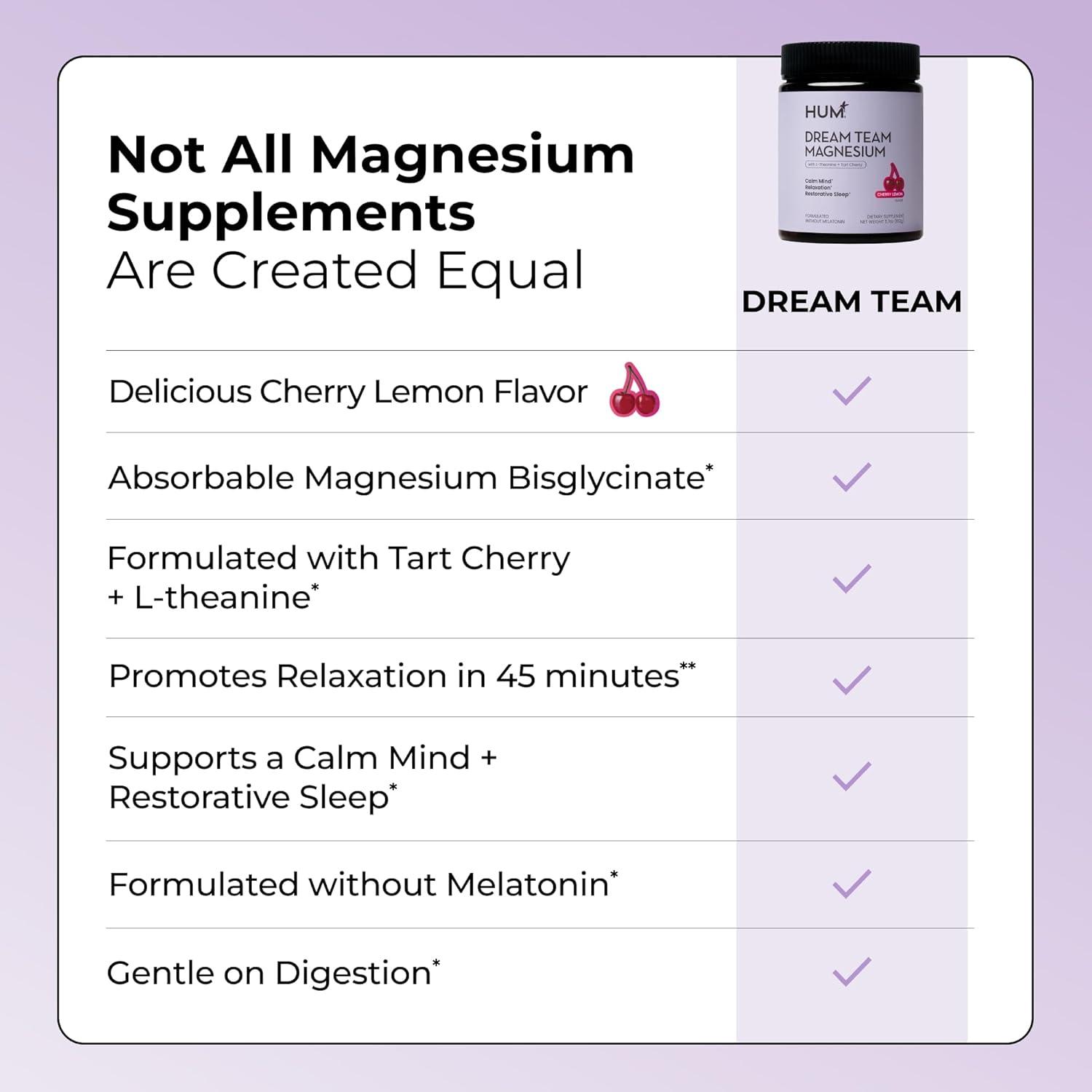imageHum Nutrition Dream Team Magnesium Bisglycinate Powder L Theanine ampamp Tart Cherry Magnesium Supplement Drink Mix Support Rest Relaxation ampamp Sleep Routine Gluten Free Vegan Cherry Lemon 30 Servings