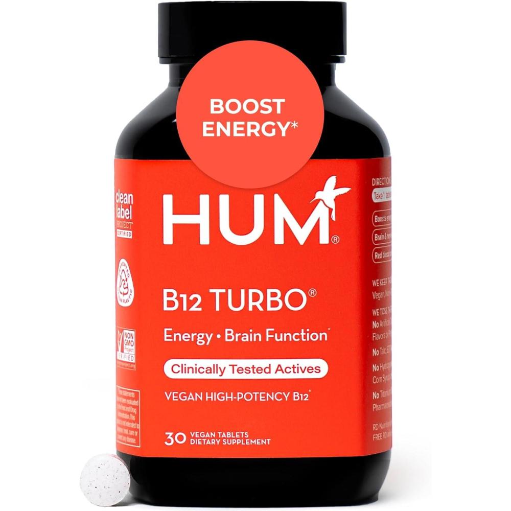 imageHUM B12 Turbo Vitamin B12 Supplement Daily Energy Support Calcium for Bone Health B12 Vitamin Energy Supplements Gluten Free Vegan Non GMO 30 Vegan High Potency Tablets30 Count Pack of 1