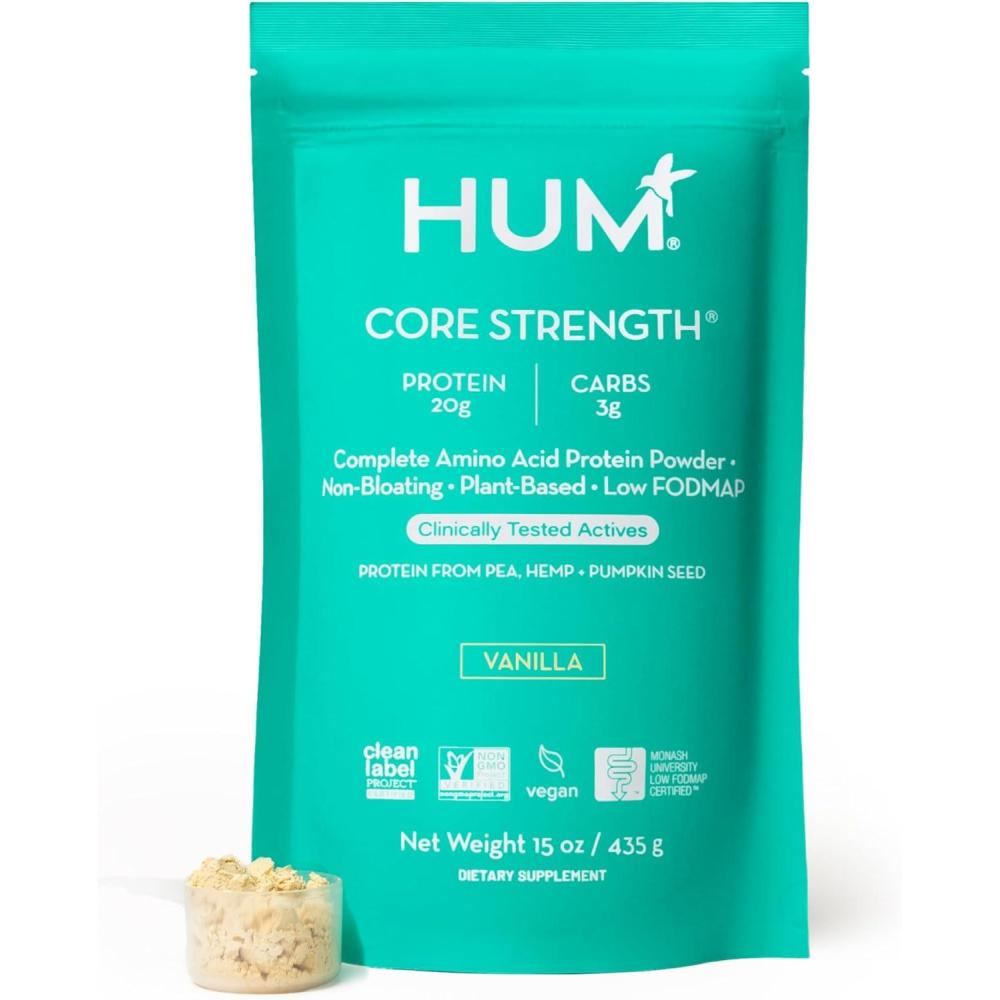 imageHUM Core Strength Vanilla Vegan Protein Powder Gluten Free Plant Based 20g Protein per Serving Amino Acids Pea Hemp ampamp Pumpkin Seed Proteins Low Fodmap GutFriendly Easy to Digest 15 Servings