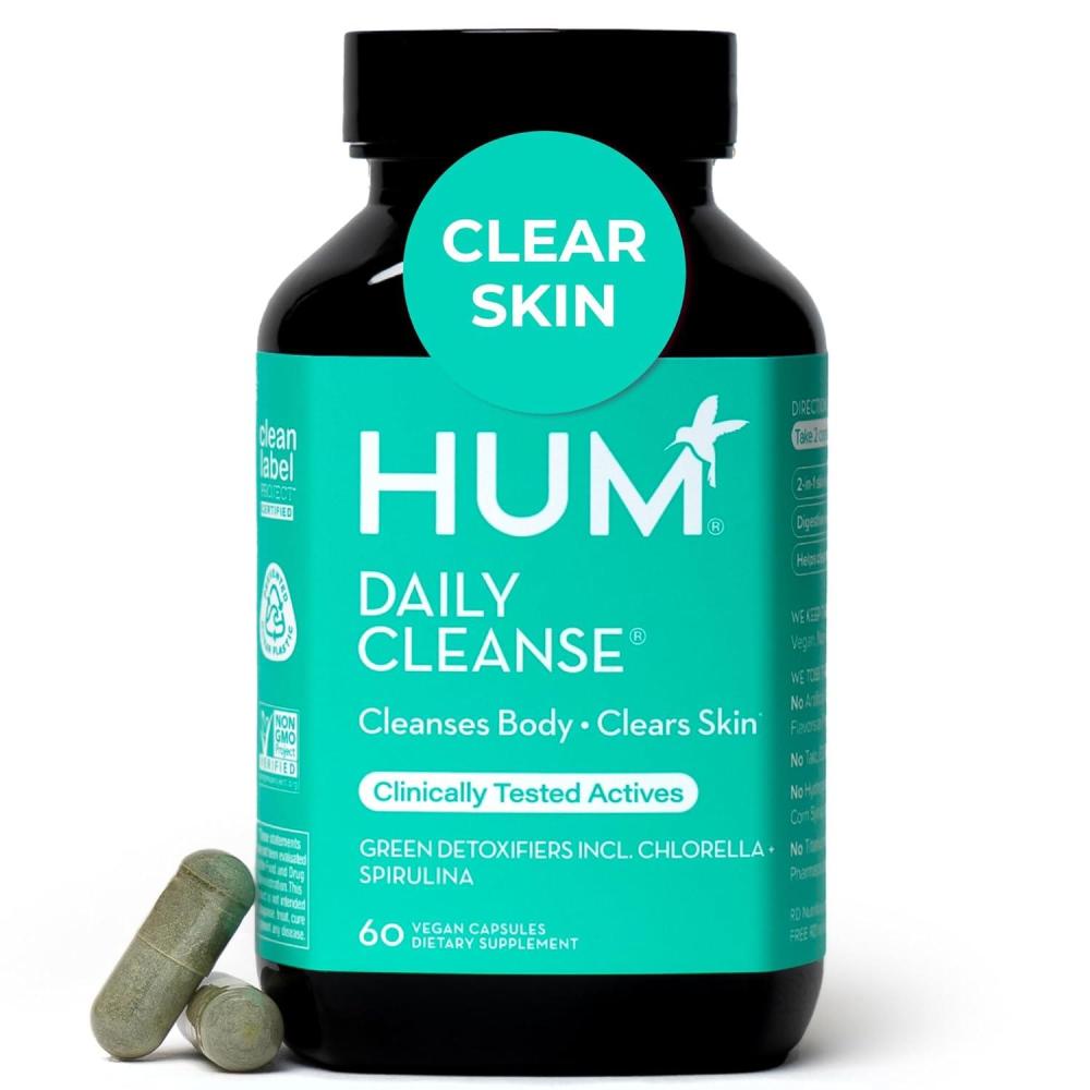 imageHUM Daily Cleanse Acne Supplements for Women ampamp Men Gentle Digestive Cleanse for Clear Skin Support Zinc Spirulina Chlorella Detoxifying Herbs Organic Algae Skin Vitamins Supplement 60 Capsules