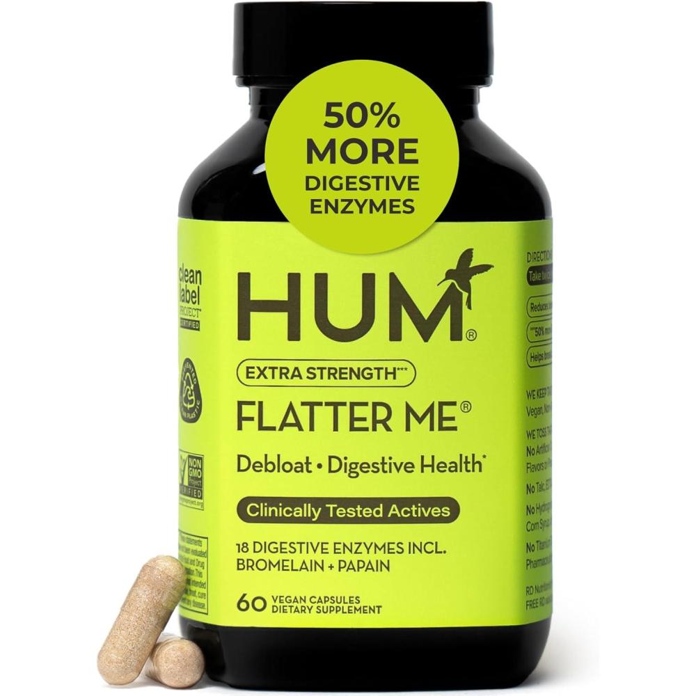 imageHUM Flatter Me Extra Strength Digestive Enzymes for Women Men Digestive Gut Bloating Supplement Ginger Peppermint Leaf Fast Acting Anti Bloat Pills Multi Enzyme for Debloating 60 Capsules