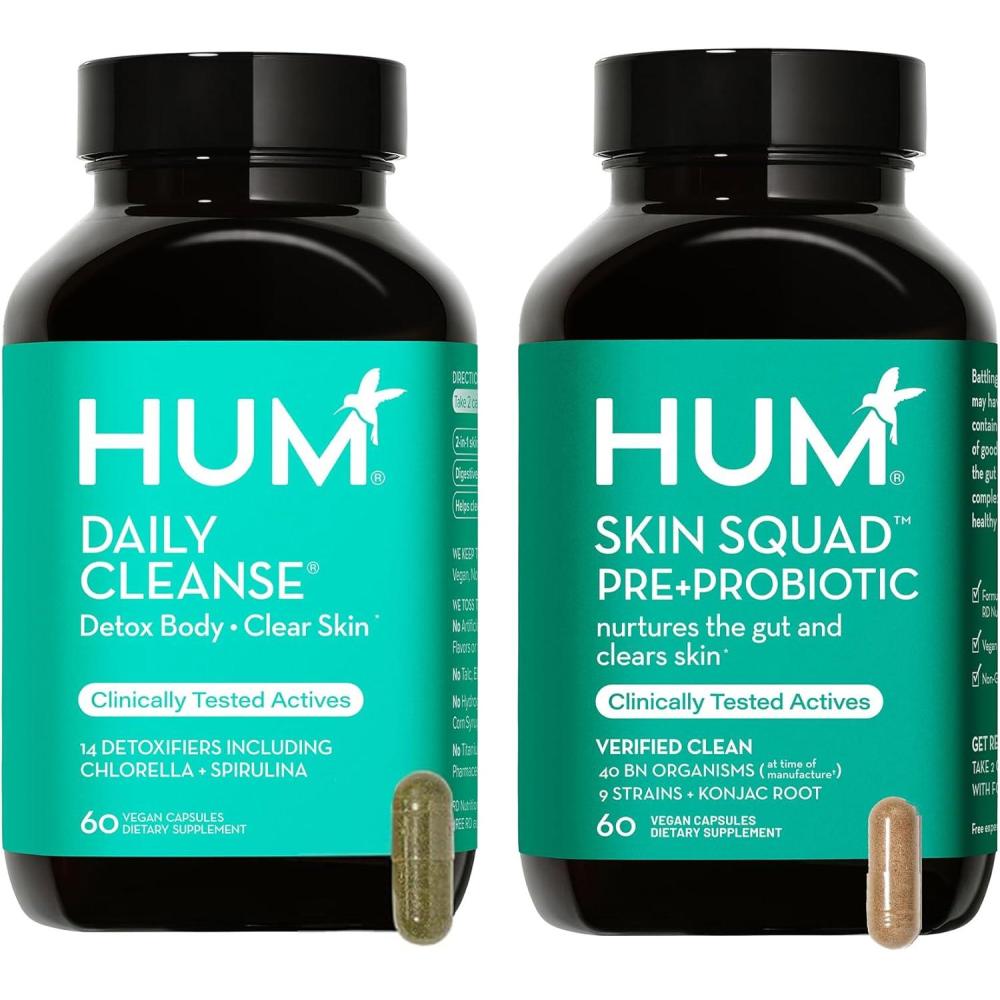 imageHUM Full Skin Detox and Cleanse Proboitics for Problem Skin and Acne Breakouts witrh Organic Algae Detoxifying Herbs Skin Squad and Daily Cleanse