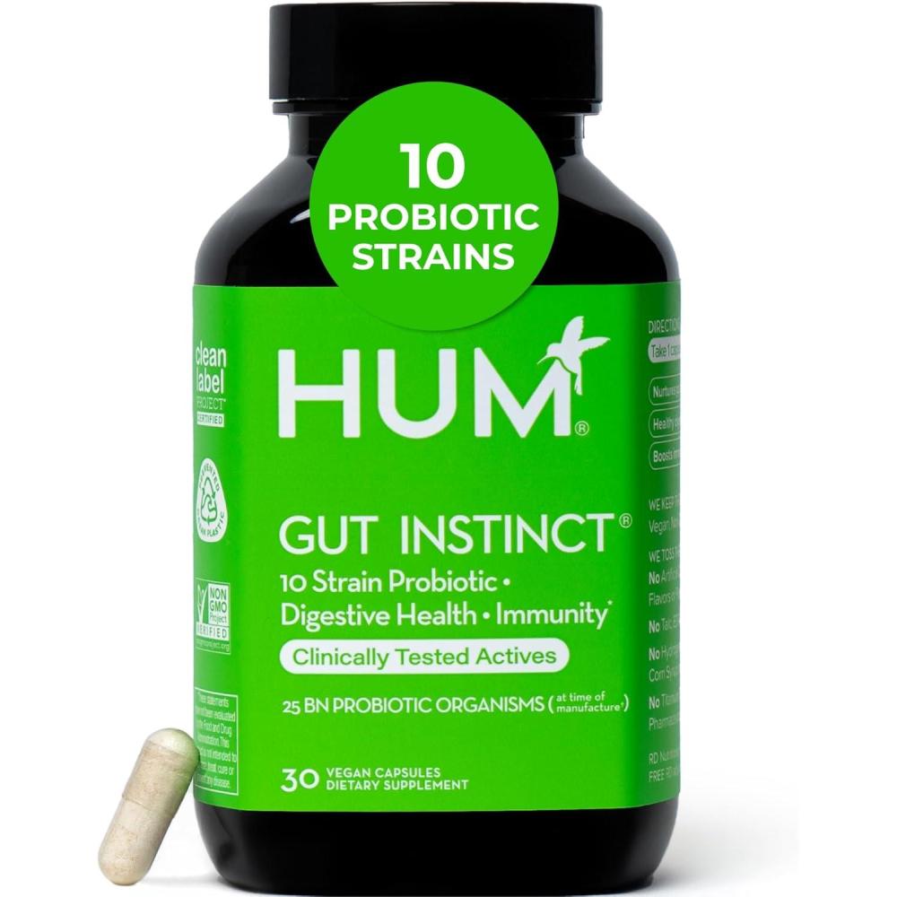 imageHUM Gut Instinct Daily Probiotics for Women and Men Digestive Health Lactobacillus Bifidobacterium Strains for Immune Support Probiotic Supplement for Healthy Gut Diversity 30 Capsules30Day Supply