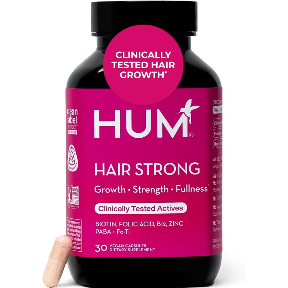 imageHUM Hair Strong Daily Hair Growth Supplement with Biotin Zinc Vitamin B12 to Support Growth Folic Acid ampamp Vitamin B12 Vitamins for Healthy Hair Support for Women and Men 30 Vegan CapsulesCapsule Version