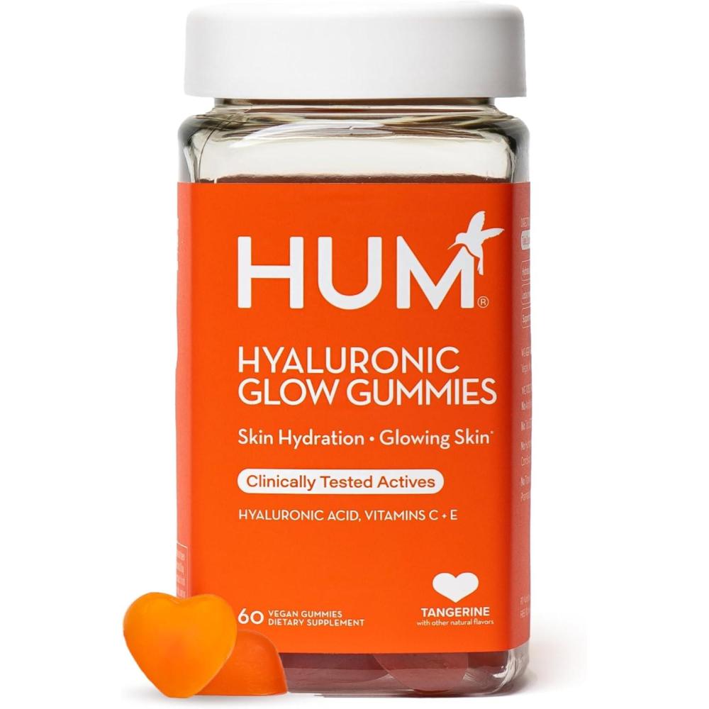 imageHUM Hyaluronic Glow Hydrating Skin Care Supplement with Low Molecular Hyaluronic Acid Vitamin C from Amla Fruit and Vitamin E Antioxidant Support for Skin Hydration Tangerine 60 Vegan Gummies60 Count Pack of 1