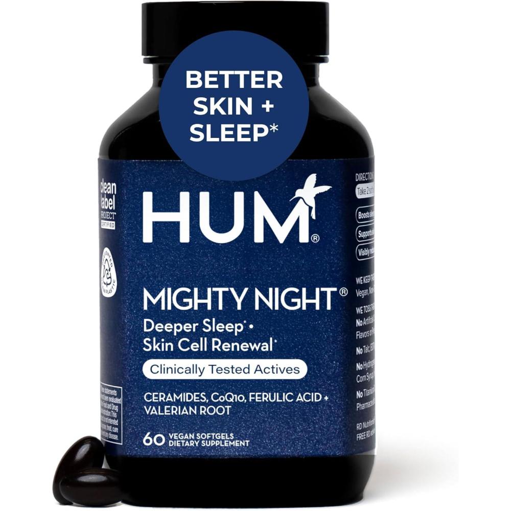 imageHUM Mighty Night Nighttime Sleep Supplement for Skin Care CoQ10 Valerian Root ampamp Ferulic Acid to Support Cell Turnover Skin Vitamins for Women and Men Overnight Beauty Vitamins 60 Vegan Softgels