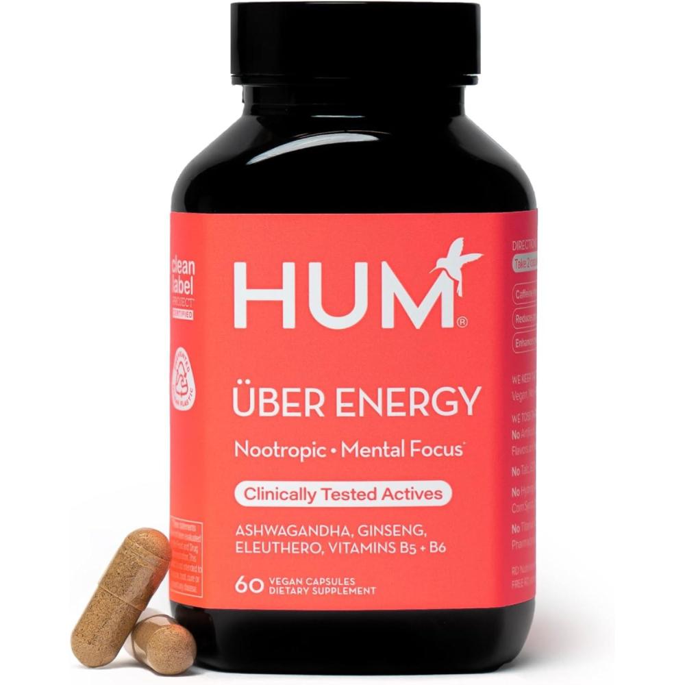 imageHUM Uber Energy Adrenal Energy Support Supplement with Ashwagandha Root Ginseng B Vitamins Vitamin B6 B5 and Adaptogens Supplements for Adrenal Fatigue Support 60 Vegan Capsules