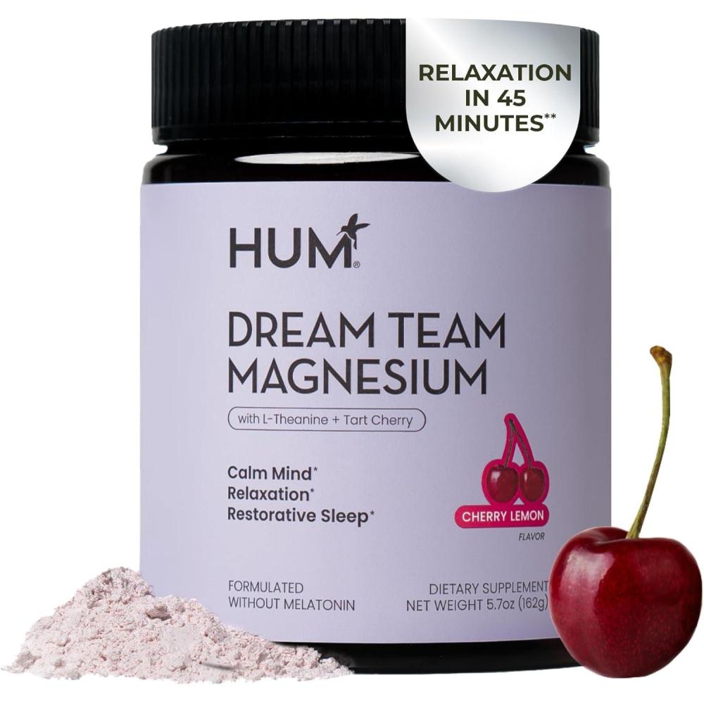 imageHum Nutrition Dream Team Magnesium Bisglycinate Powder L Theanine ampamp Tart Cherry Magnesium Supplement Drink Mix Support Rest Relaxation ampamp Sleep Routine Gluten Free Vegan Cherry Lemon 30 Servings
