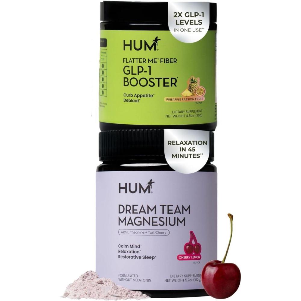 imageHUM Nutrition Flatter Me Fiber  Dream Team Magnesium Powder Bundle  Digestive Support Fiber ampamp Magnesium Bisglycinate Drink Mix with LTheanine ampamp Tart Cherry Cherry Lemon 2Product Wellness Routine