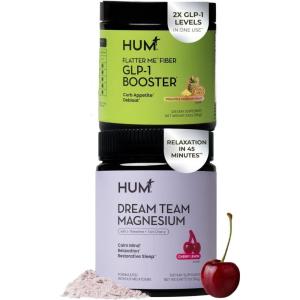 HUM Nutrition Flatter Me Fiber + Dream Team Magnesium Powder Bundle – Digestive Support Fiber & Magnesium Bisglycinate Drink Mix with L-Theanine & Tart Cherry, Cherry Lemon, 2-Product Wellness Routine